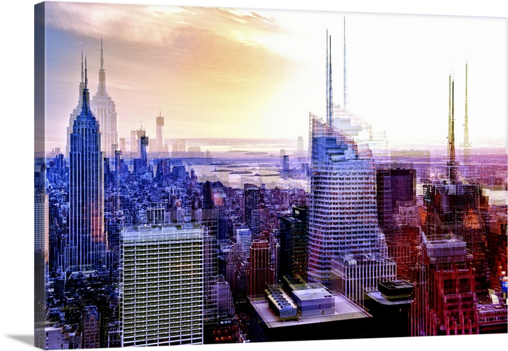 Photo of the Manhattan skyline at sunset in the evening with a layered effect creating a feeling of movement.