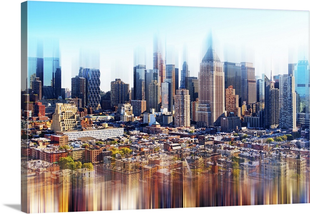 Photo of the Manhattan skyline in the evening with a layered effect creating a feeling of movement.