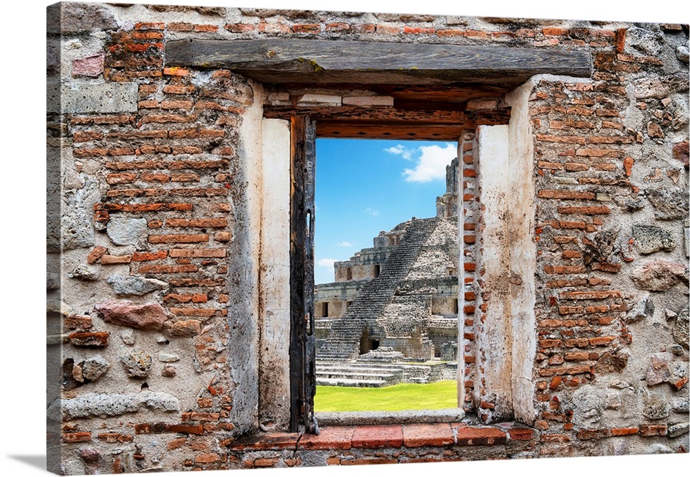 View of the Mayan Ruins in Edzna, Mexico, framed through a stony, brick window. From the Viva Mexico Window View.