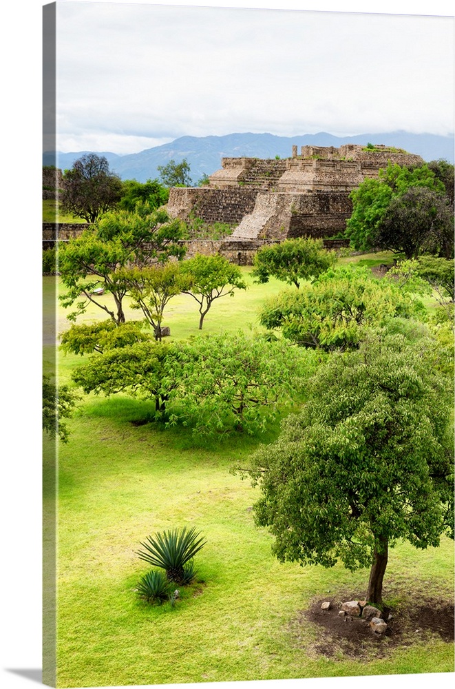 Photograph of an ancient Mayan temple at Monte Alban archaeological site in Oaxaca, Mexico. From the Viva Mexico Collection.