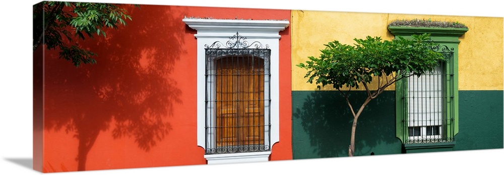 Colorful panoramic photograph of facades in Mexico. From the Viva Mexico Panoramic Collection.