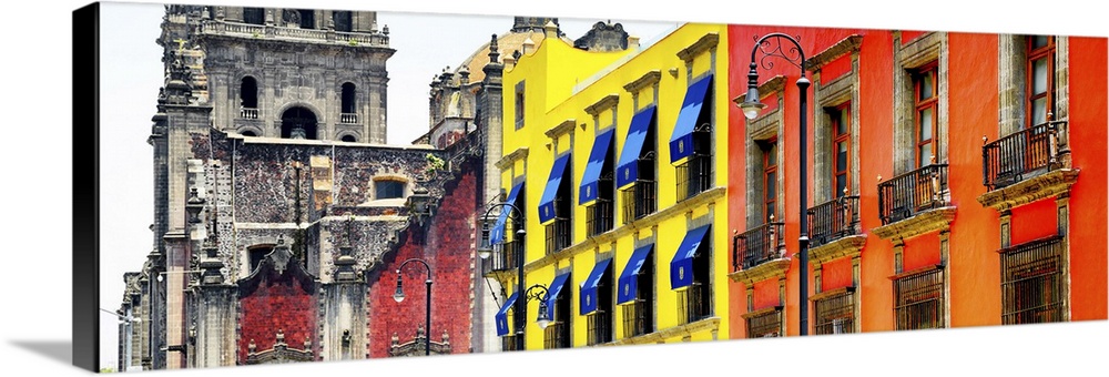 Panoramic photograph of bright and colorful facades, Mexico. From the Viva Mexico Panoramic Collection.