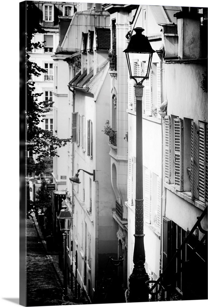 A black and white photograph of a lamppost in Paris.