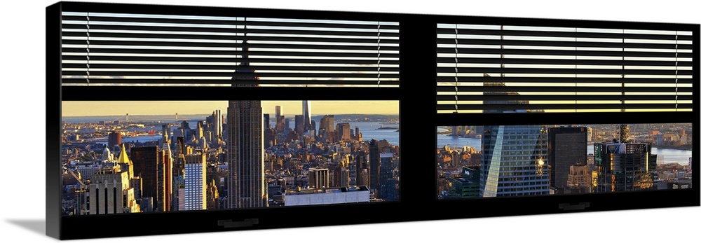 New York skyline in the early evening, with a faux window and blinds effect.