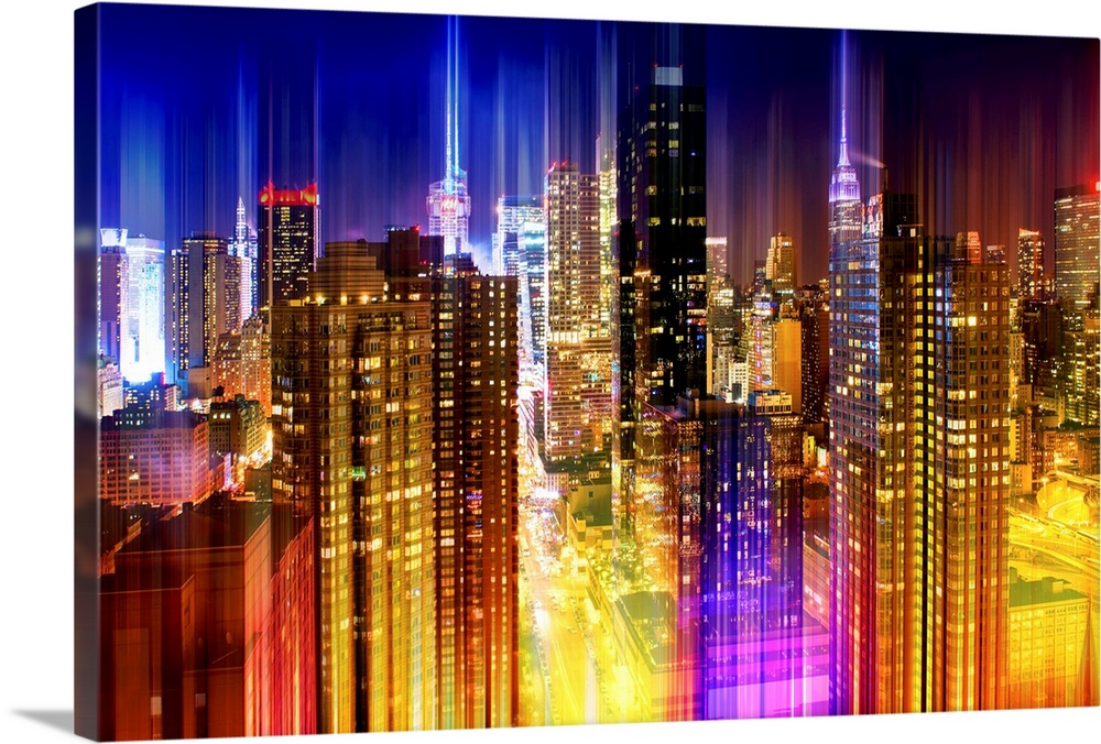 New York City skyline lit up at night, with a layered effect creating a feeling of movement.