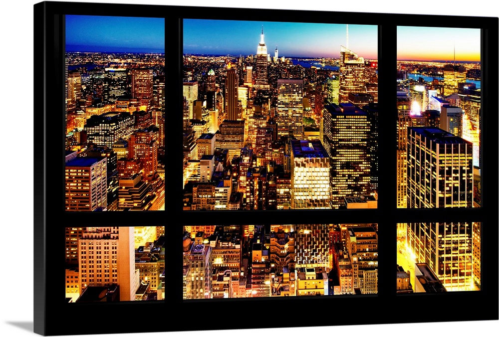 The New York City skyline lit up in the evening, with a faux window pane effect.