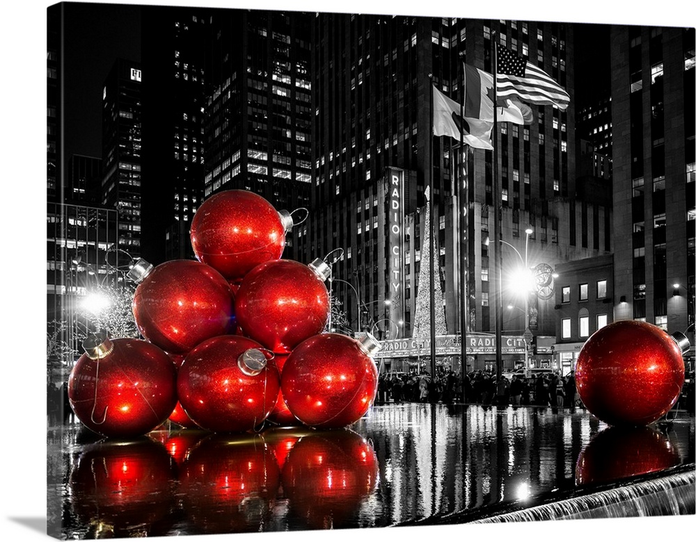 Fine art photograph of giant Christmas decorations set up in New York city.