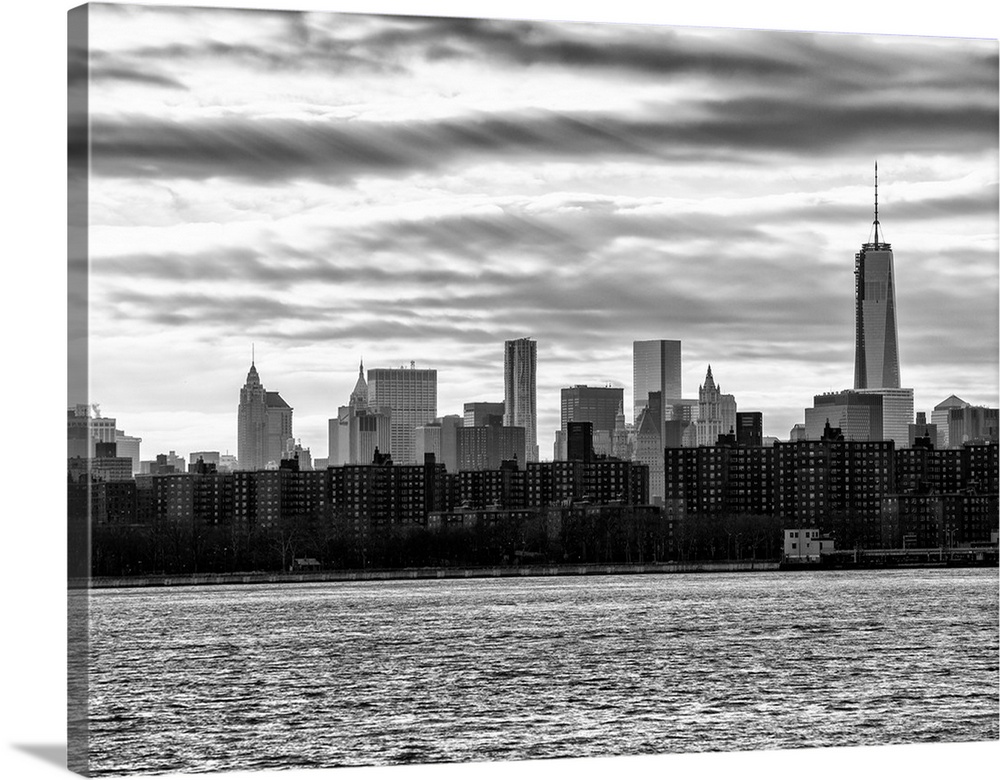 A black and white photograph of the New York city skyline.