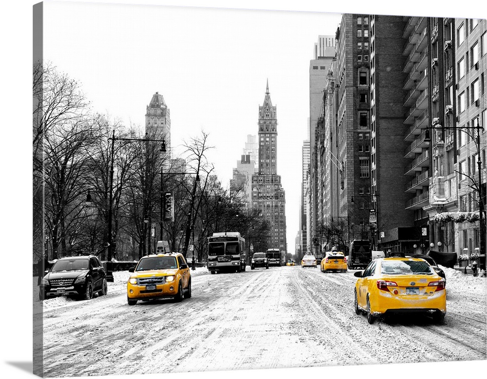 A photograph looking down a road in New York city in winter.