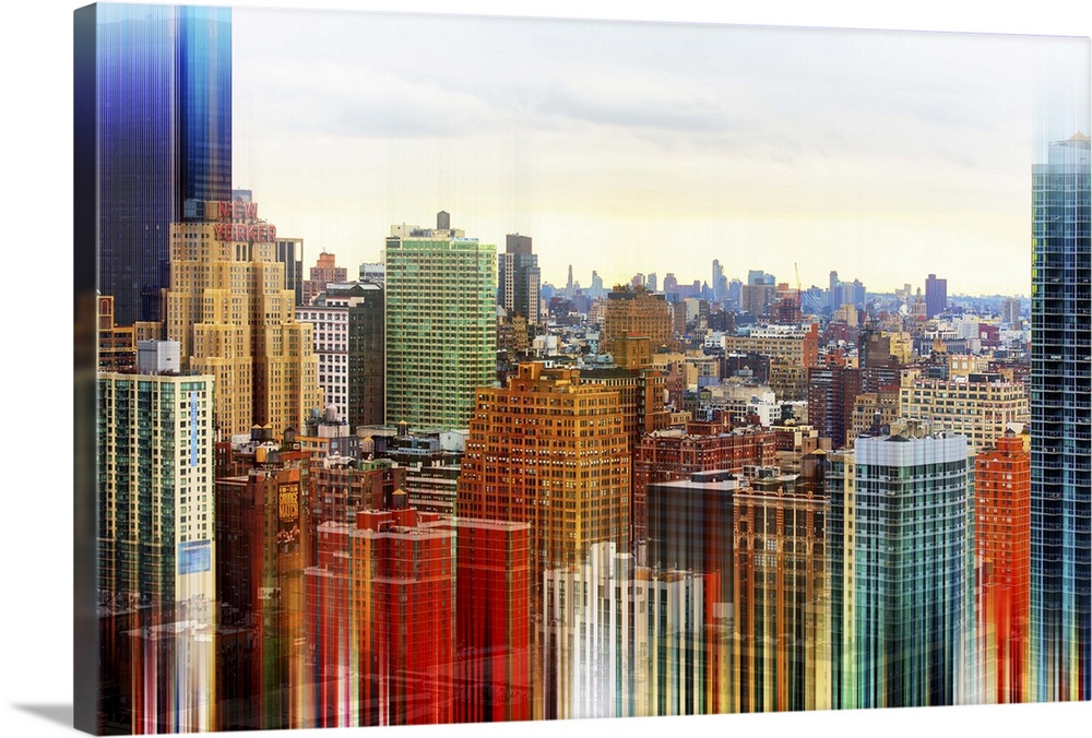 Photograph of the skyline of New York City, with a layered effect creating a feeling of movement.