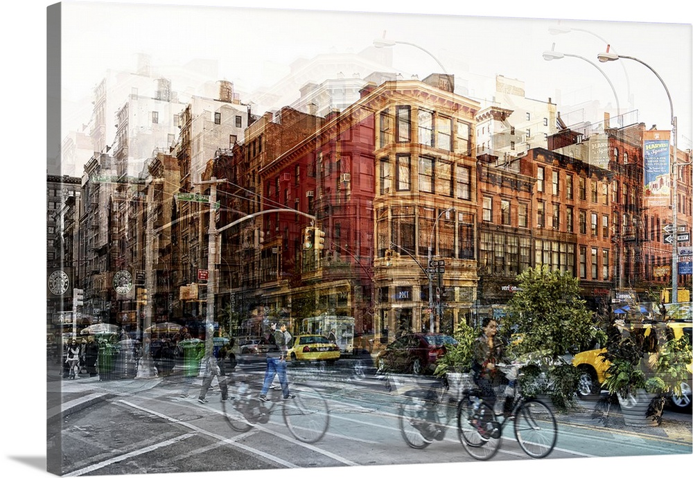 Pedestrians and cyclists in the streets of New York, with a layered effect creating a feeling of movement.