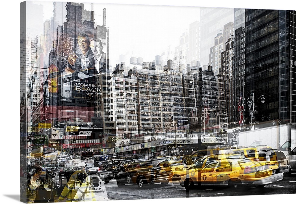 Taxi cabs driving through New York City  with a layered effect creating a feeling of movement.