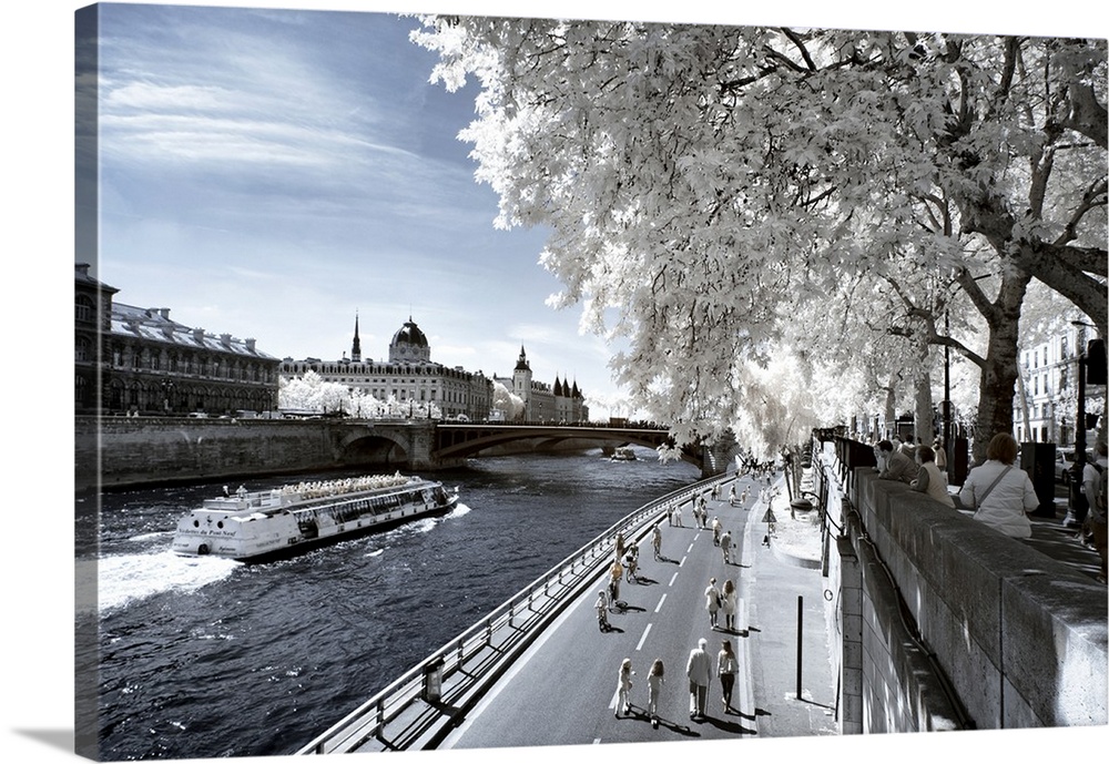 A view of a ferry on the Seine in Paris, made in infrared mode in summer. The vegetation is white and rendering of the sky...