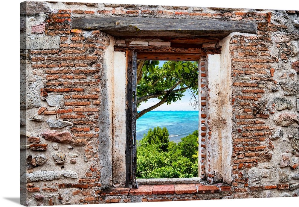 View of Isla Mujeres, Mexico, framed through a stony, brick window. From the Viva Mexico Window View.