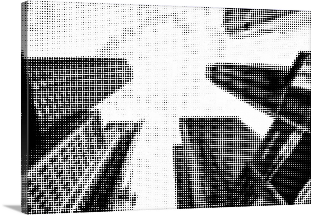 Artistic photograph of New York city architecture with a black and white pixel grain filter over the image.