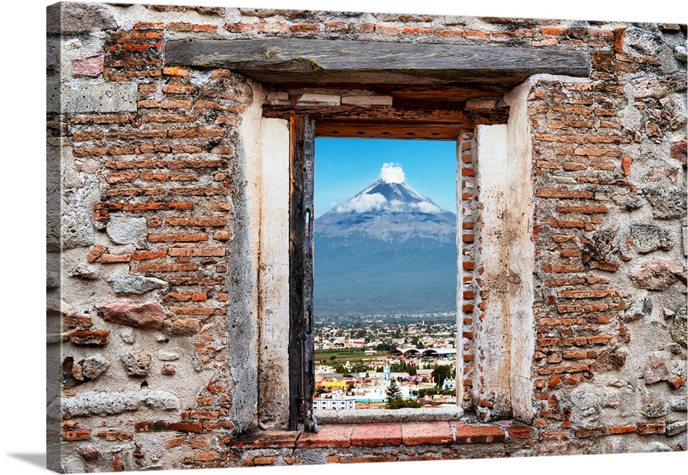 View of the Popocatepetl Volcano in Puebla, Mexico, framed through a stony, brick window. From the Viva Mexico Window View.