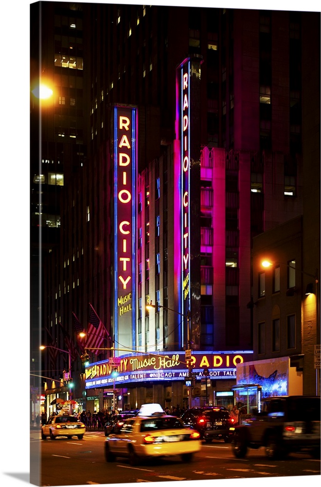The classic neon sign of Radio City Music Hall in New York City.
