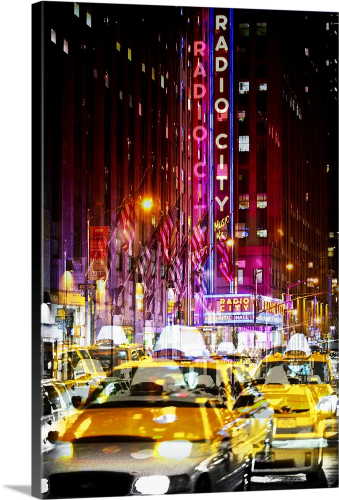 Taxi cabs in front of Radio City Music Hall, with a layered effect creating a feeling of movement.