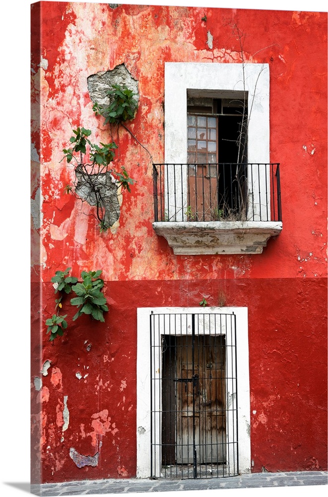 Photograph of a rustic red wall in Mexico with peeling paint, a balcony, door, and plants growing out of the wall. From th...