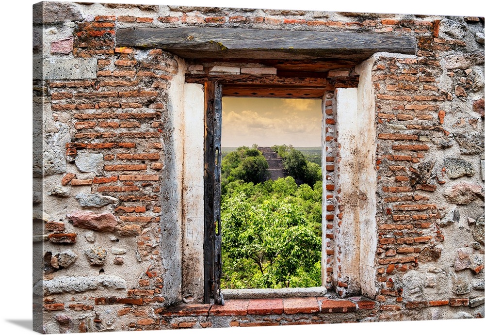 View of the Ruins of the ancient Mayan City of Calakmul, Mexico, framed through a stony, brick window. From the Viva Mexic...