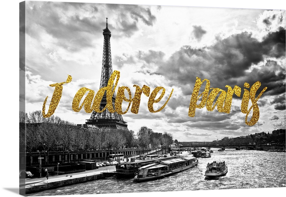 Black and white photograph of the Seine River with the Eiffel Tower in the background and the phrase "J'adore Paris" writt...