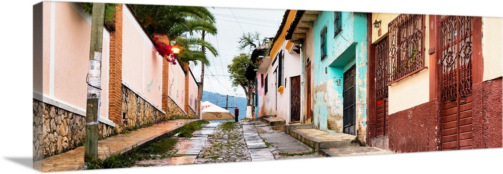 Colorful panoramic photograph of a streetscape at San Cristobal de Las Casas in Chiapas, Mexico. From the Viva Mexico Pano...