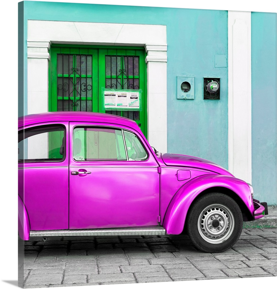 Square photograph of a classic Volkswagen Beetle parked in front of a turquoise building with a bright green door. From th...