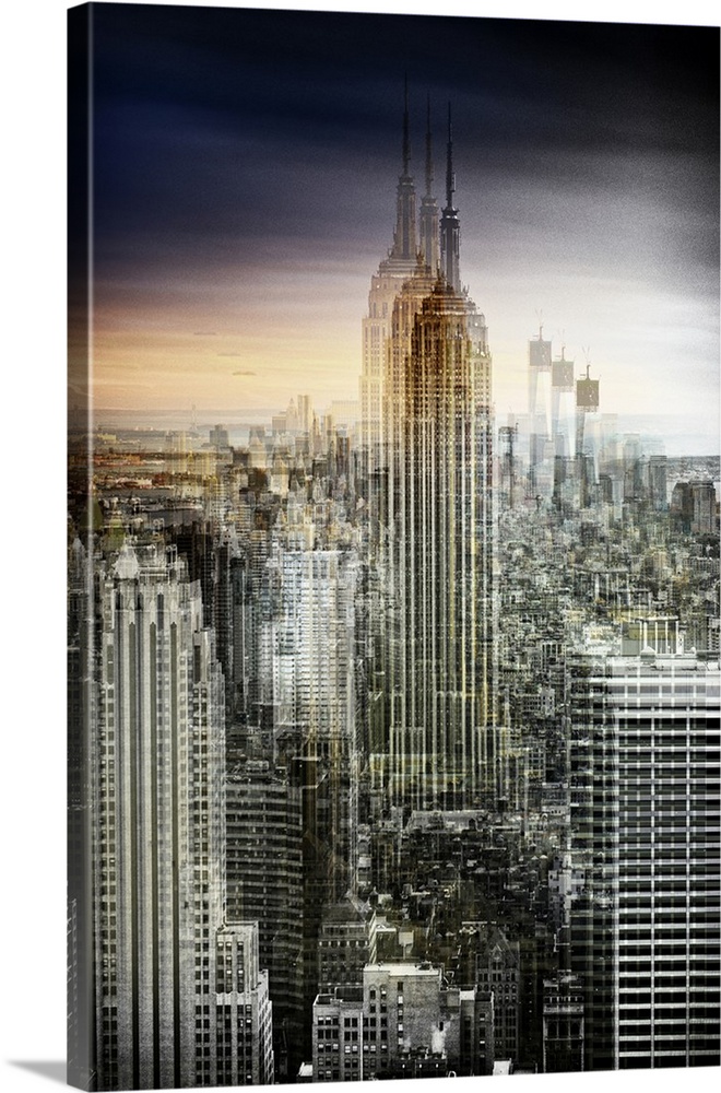 Photo of the Manhattan skyline at sunset in the evening with a layered effect creating a feeling of movement.