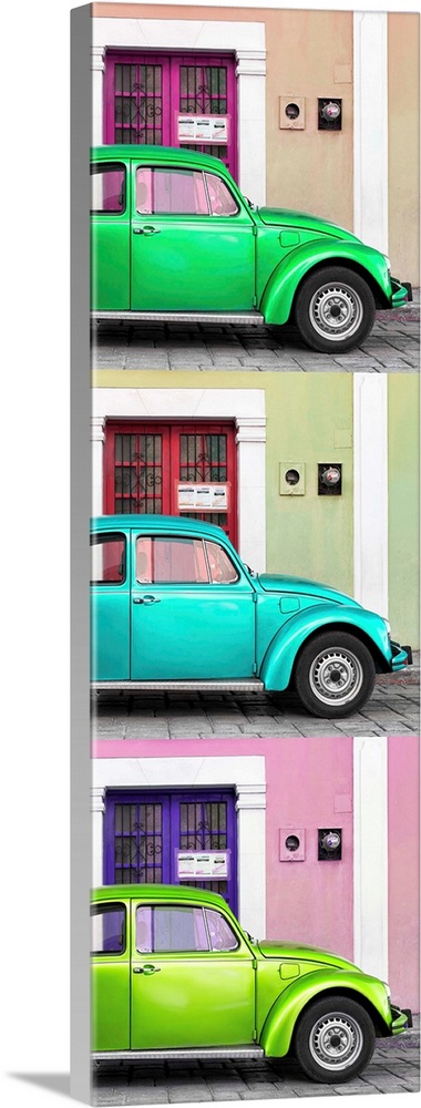 Panoramic triptych photograph of three colorful Volkswagen Beetles parked in front of different brightly colored walls. Fr...