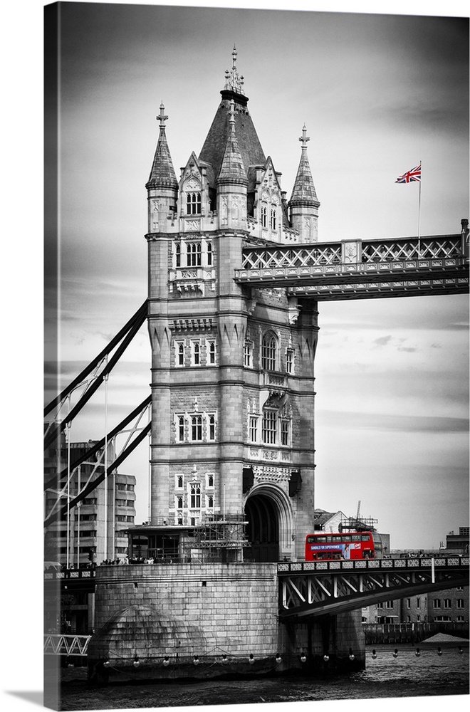 Fine art photo of the Tower Bridge in London with a double decker bus, with selective color.