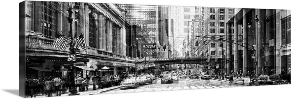Black and white photo of a busy street in New York City, with a layered effect creating a feeling of movement.