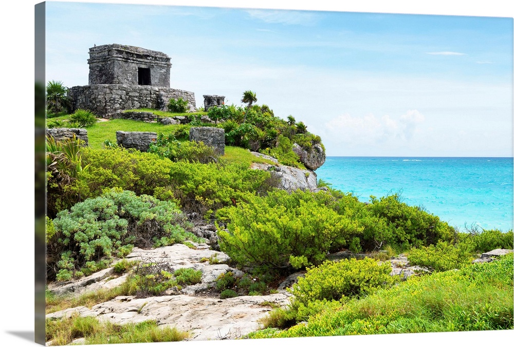 Photograph of the Tulum Ancient Mayan fortress in Riviera Maya, Mexico, overlooking the Caribbean ocean. From the Viva Mex...