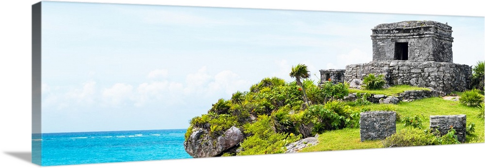 Panoramic photograph a ancient Mayan ruins in Tulum, Mexico, right on the Riviera Maya, overlooking the beautiful Caribbea...