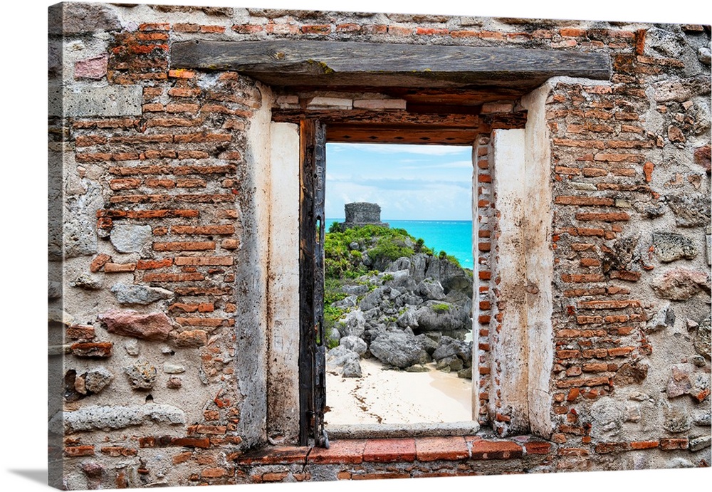 View of the Tulum Ruins, Mexico, framed through a stony, brick window. From the Viva Mexico Window View.