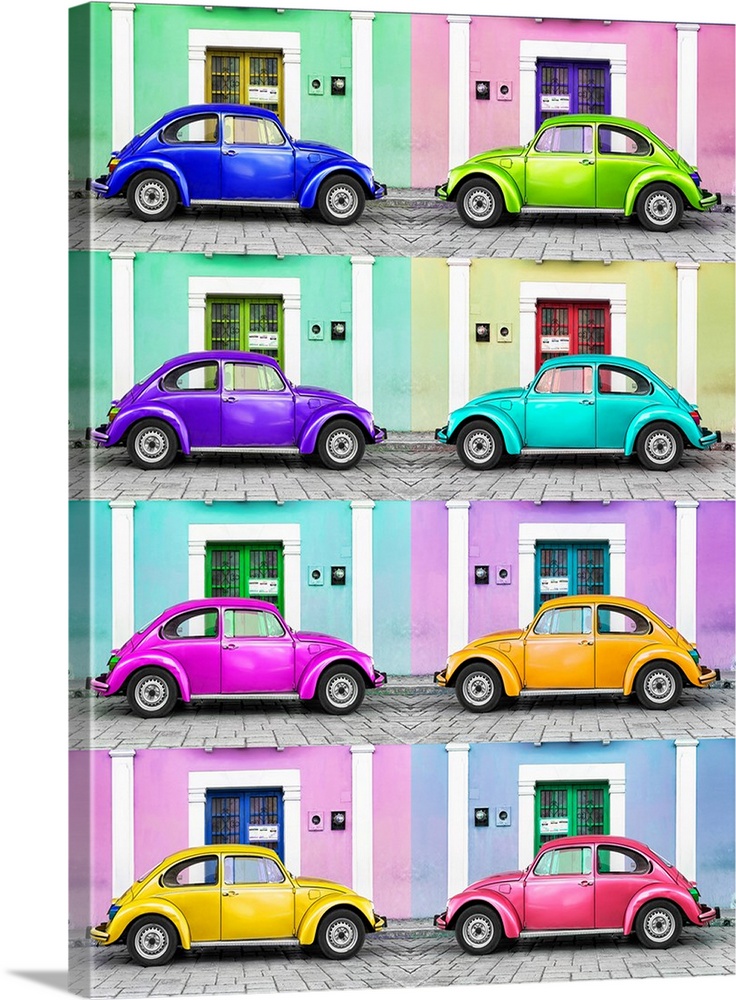 Octaptych photograph of different brightly colored classic Volkswagen Beetles in front of vibrant buildings and doors. Fro...