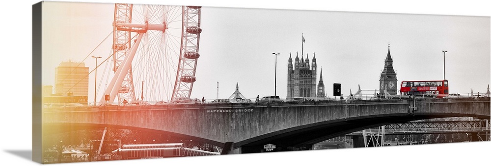 Panoramic image featuring London landmarks, including the Waterloo Bridge, Big Ben Clock Tower, and London Eye.