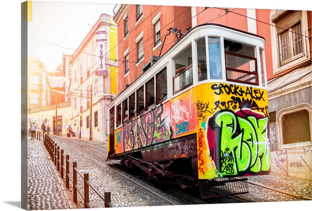 It's the Gloria funicular with graffiti that connects Baixa to Bairo Alto, in the historic center of Lisbon, Portugal.