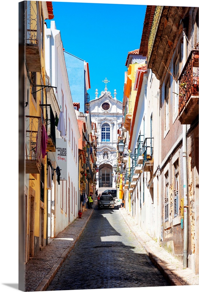 It's typical street of Lisbon with colourful facades in Portugal.