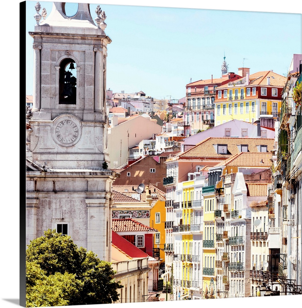It's a beautiful view of a street in Lisbon with colorful facades in Portugal.