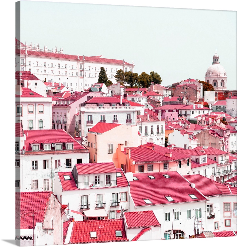 It's a beautiful view of Lisbon's colorful rooftops and pink facades in Portugal.