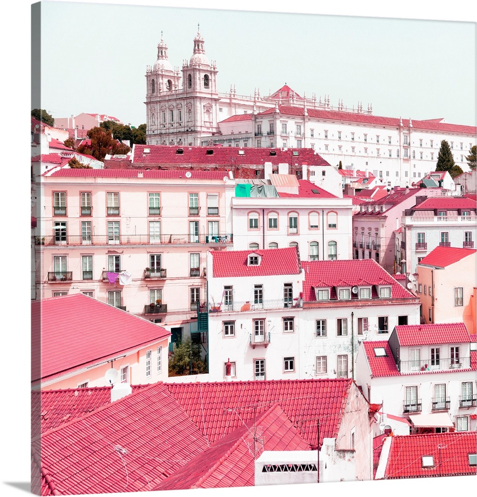 It's a beautiful view of Lisbon's colorful rooftops and pink facades in Portugal.
