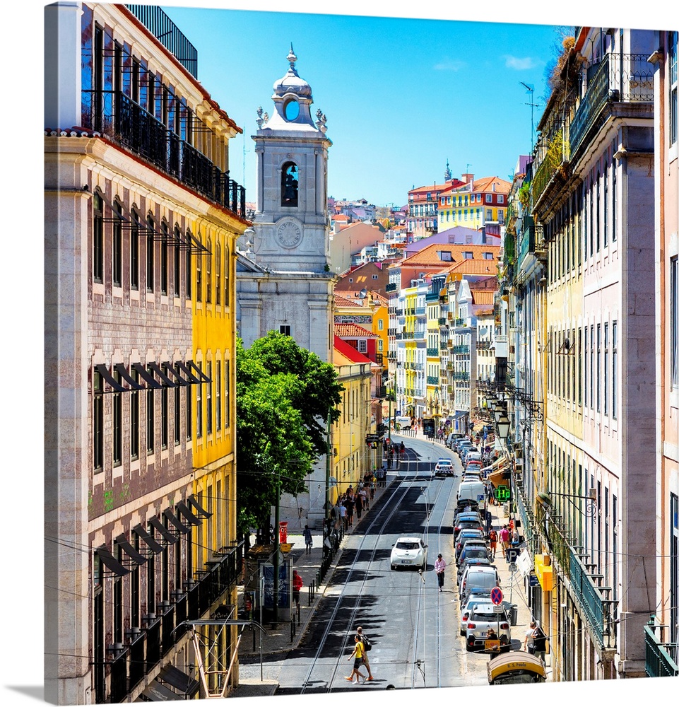 It's a beautiful view of a street in Lisbon with colorful facades in Portugal.