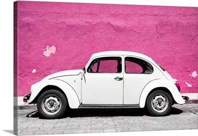 White VW Beetle Car and Pink Street Wall