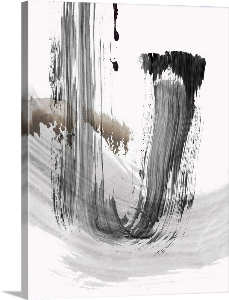 vertical abstract painting with brush strokes of gray and black.