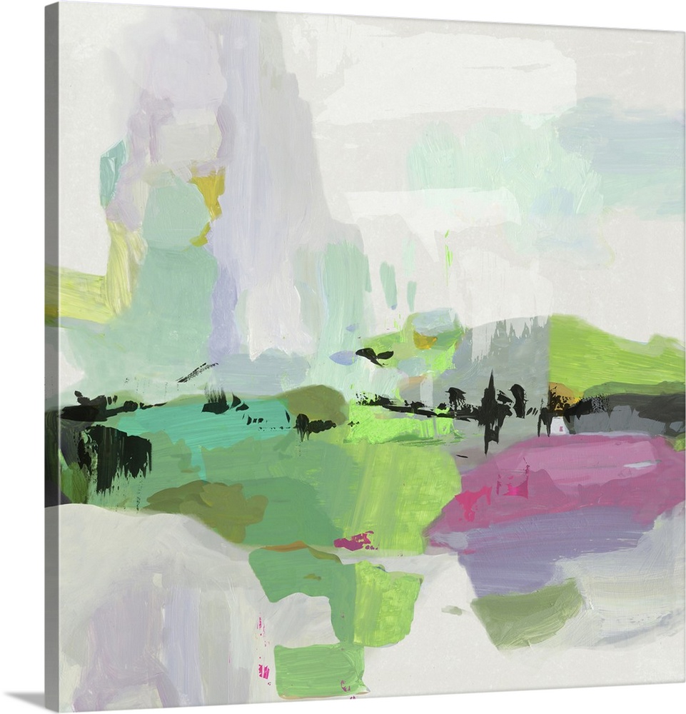 Square abstract landscape in pastel colors with hints of black.