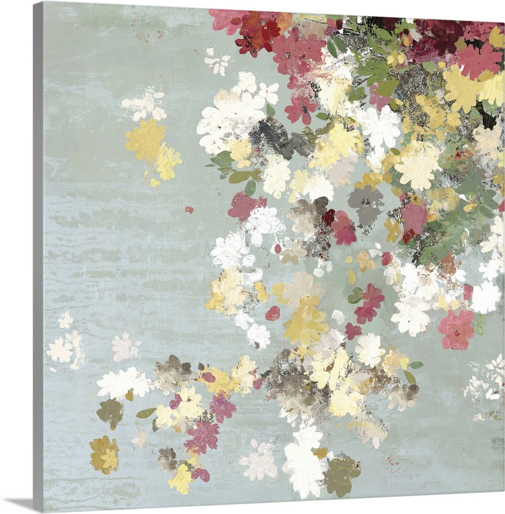 Contemporary floral artwork in neutral shades of yellow, green, red, and white on pale blue.