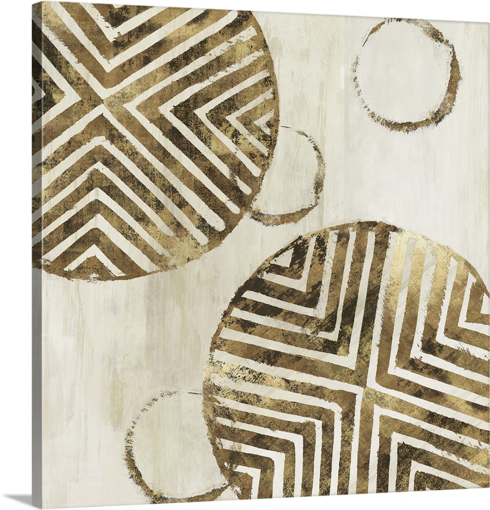 Abstract art with metallic gold geometric circular shapes with lined designs on a light gold and white streaked square bac...