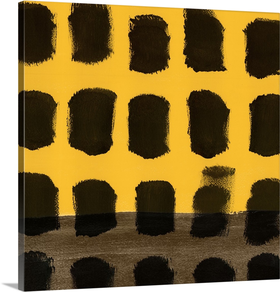 Abstract art uses black squares to contrast the simple yellow background.