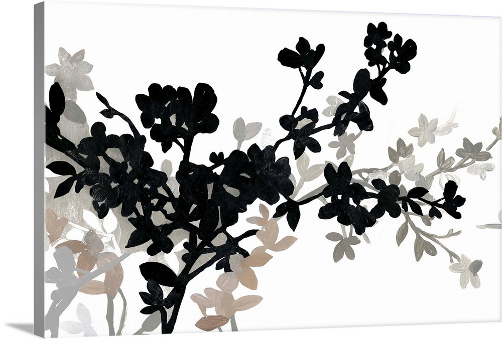 A contemporary painting of apple blossoms in varies shades of black and gray.