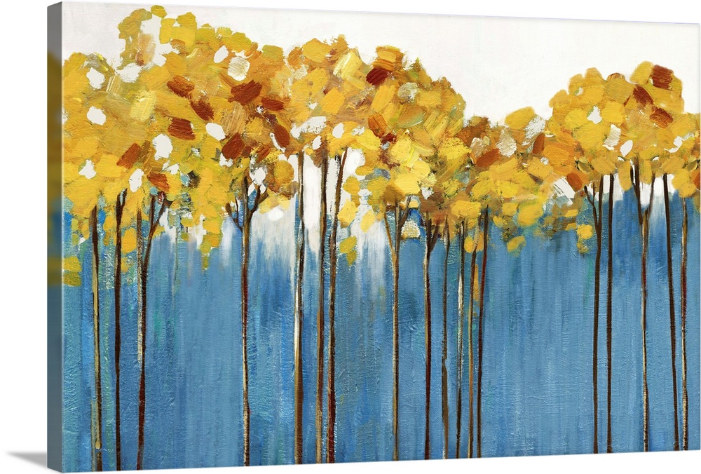 Contemporary painting of a row of slender trees with amber leaves over periwinkle blue.